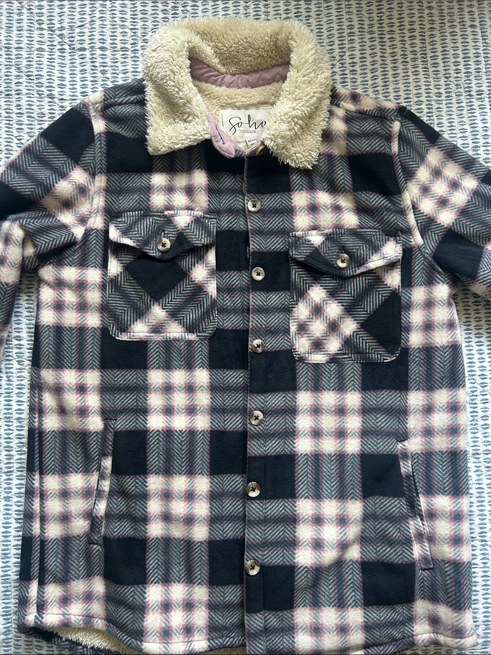 Soho Purple & Pink Plaid Sherpa-Collar Shacket size XS
